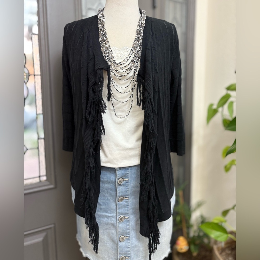 Additions by Chico’s Black Open Front Tassel Cardigan | Size Medium